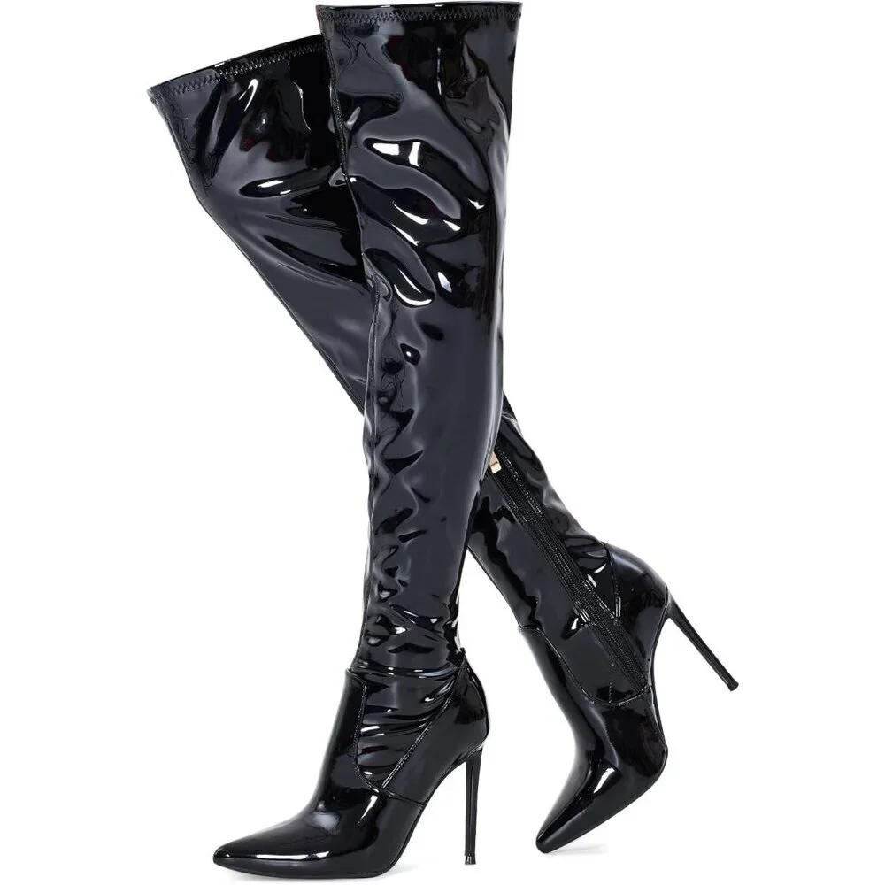 Women Black Patent Wools Polyurethane Over The Knee Stiletto Heel Pointed Boots